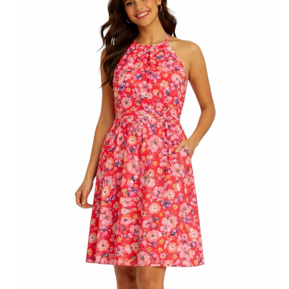 Eliza J Floral Glo Halter Dress Orange Pink Chiffon Midi Pockets Size 10 Wedding